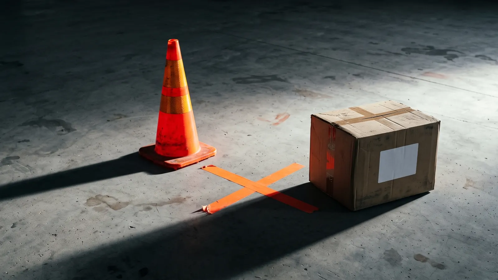 An orange traffic cone and an orange tape cross sit on a concrete floor beside a sealed carton with a blank label.