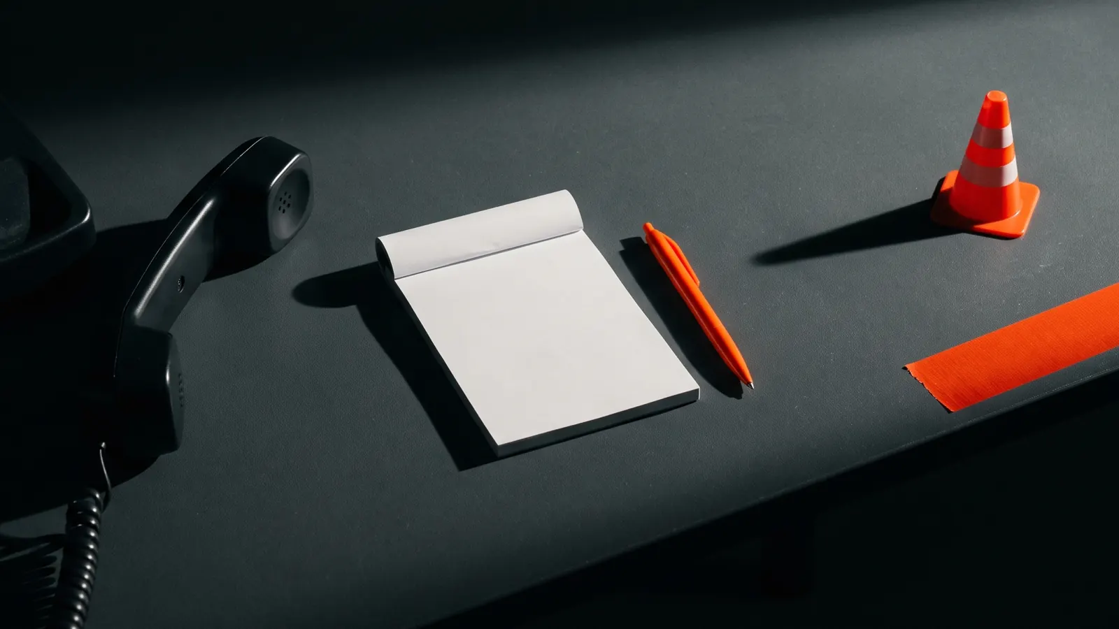 A black desk phone handset lies beside a blank notepad, an orange pen and a small orange traffic cone on a dark desk.